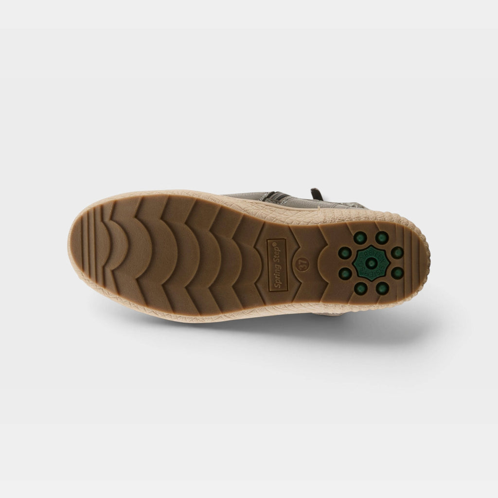 Spring Step Karlene womens shoe outsole showing chevron tread pattern and green accent studs