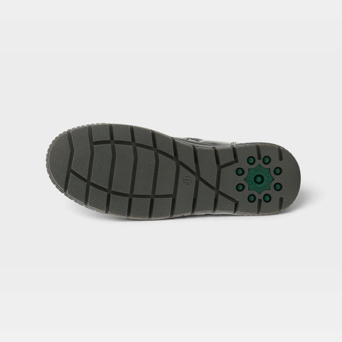 Bottom sole view of a womens boot showing tread pattern and green brand emblem