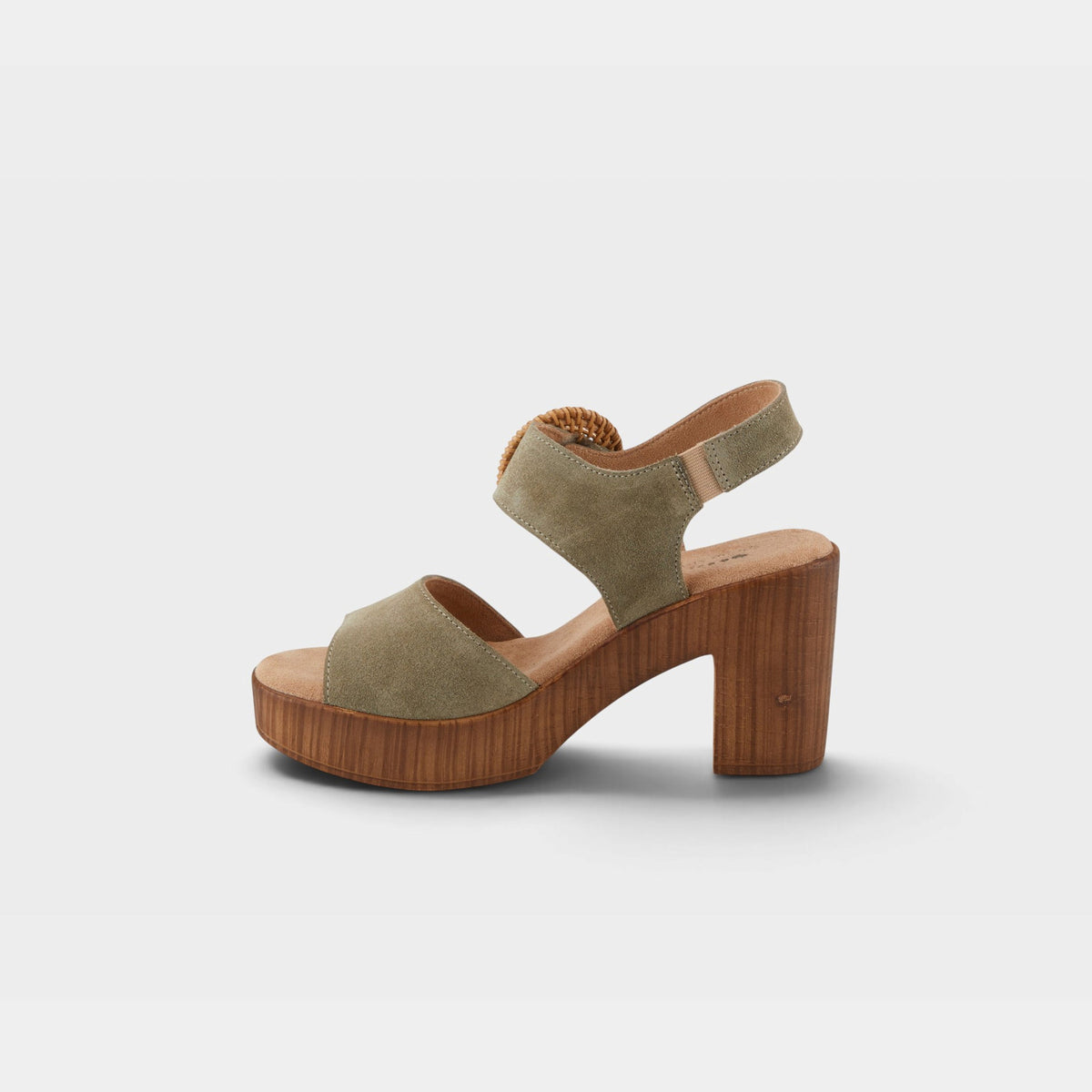 Women's platform heeled sandal with suede upper strap and wooden block heel