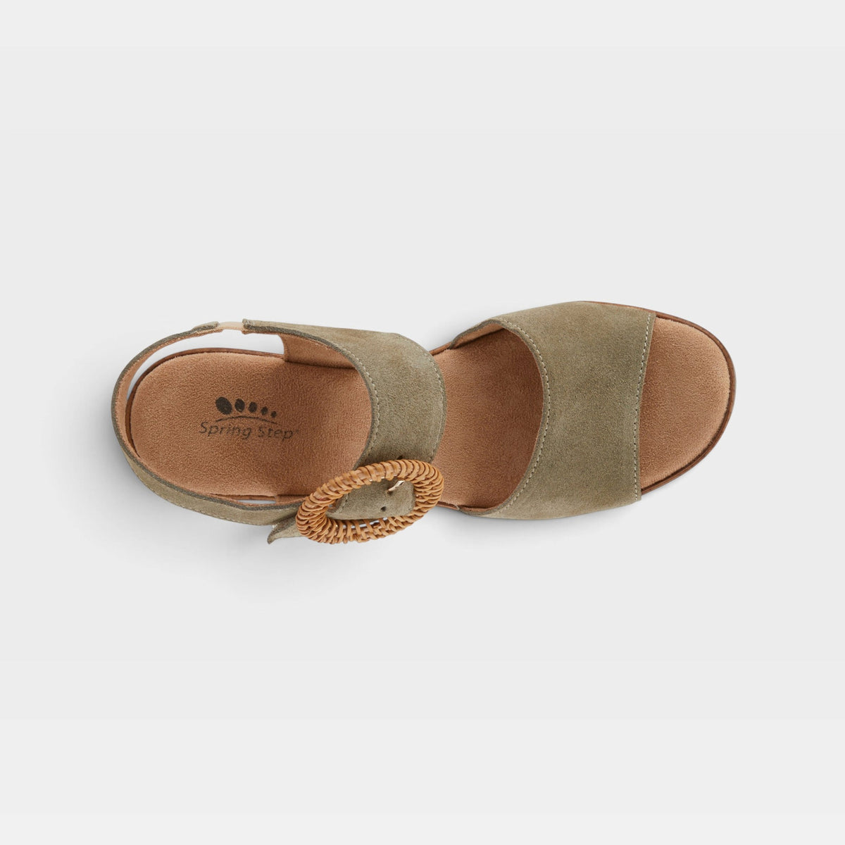 Spring Step women's suede sandal with wide toe strap, ankle strap, and woven buckle detail, top view