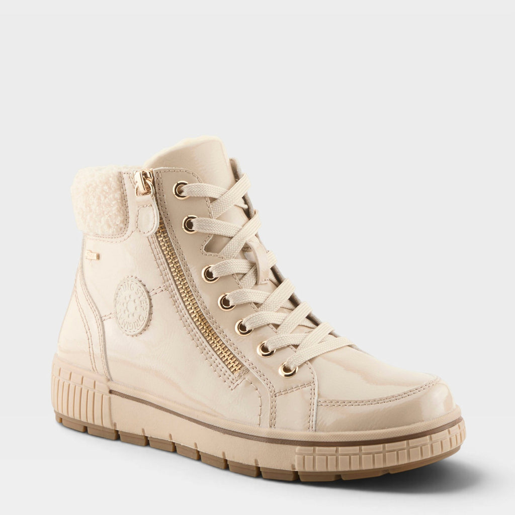 Women's high-top lace-up sneaker boot with gold zipper and sherpa collar trim