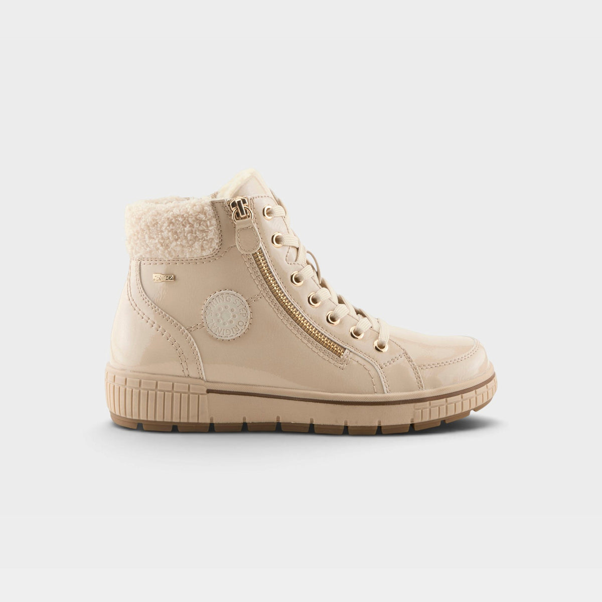 Women's high-top lace-up boot with gold zipper and sherpa collar trim