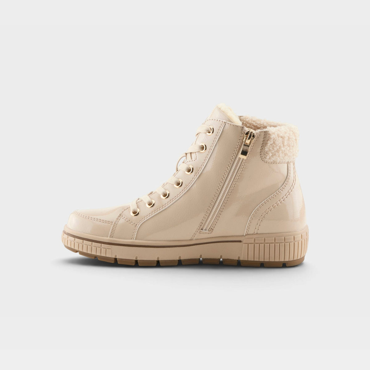 Women's high-top ankle boot with patent finish, lace-up front, gold zipper, and sherpa collar