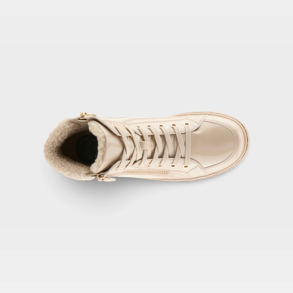 High-top lace-up sneaker boot with sherpa lining and gold zipper detail
