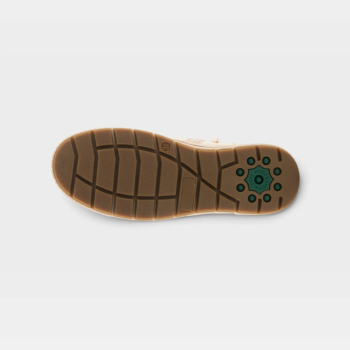 Bottom sole view of womens boot showing tread pattern and green AeroSystem technology insert