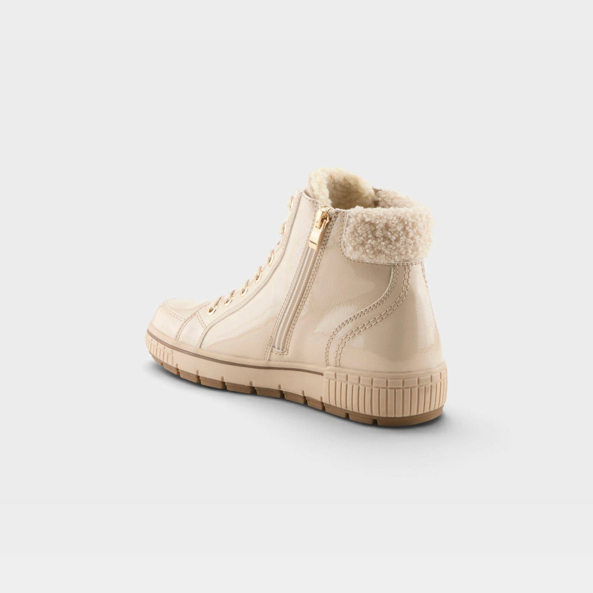 Women's high-top sneaker boot with shearling collar, patent upper, and gold zipper, rear view