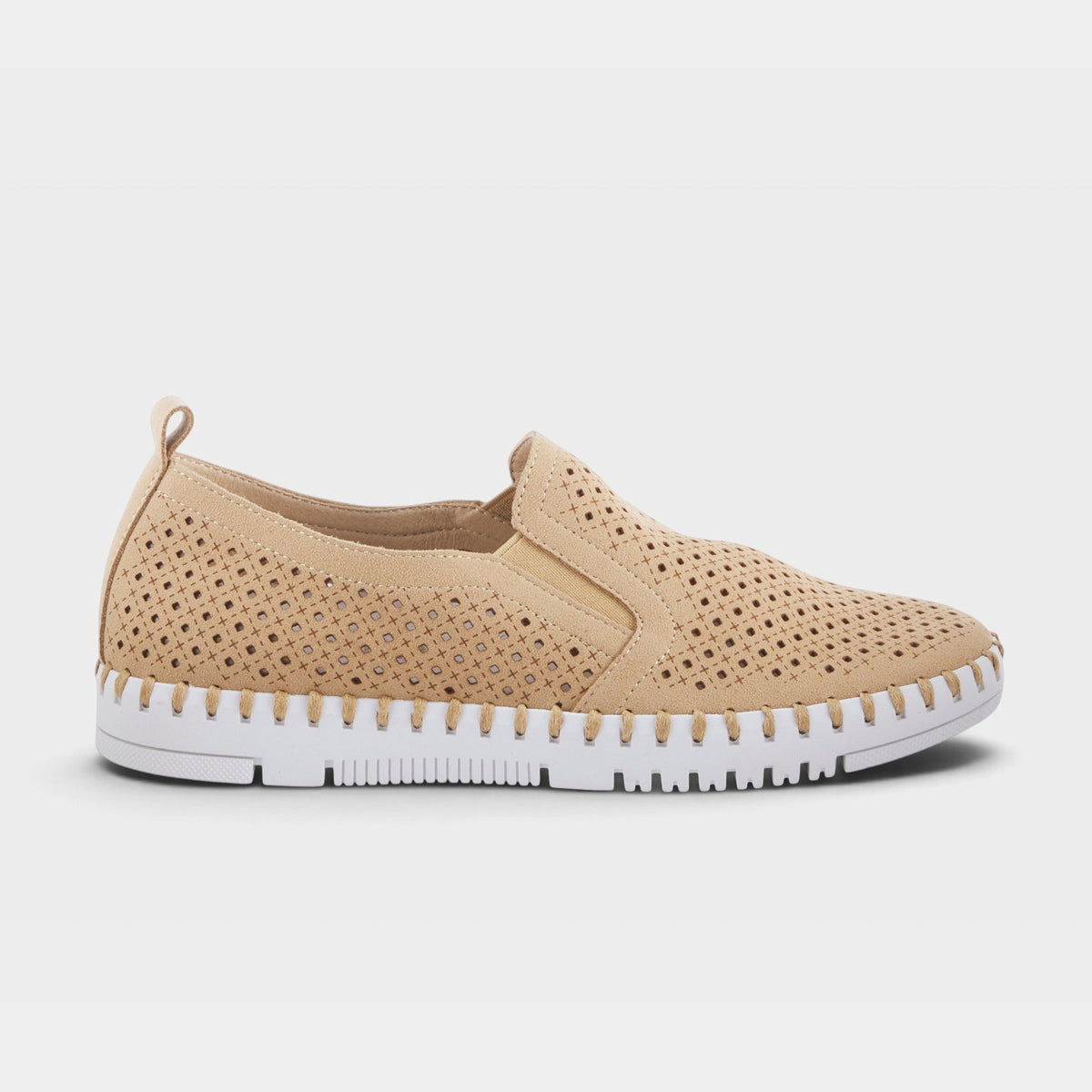 Women's slip-on sneaker with perforated upper, elastic side panels, and white sole