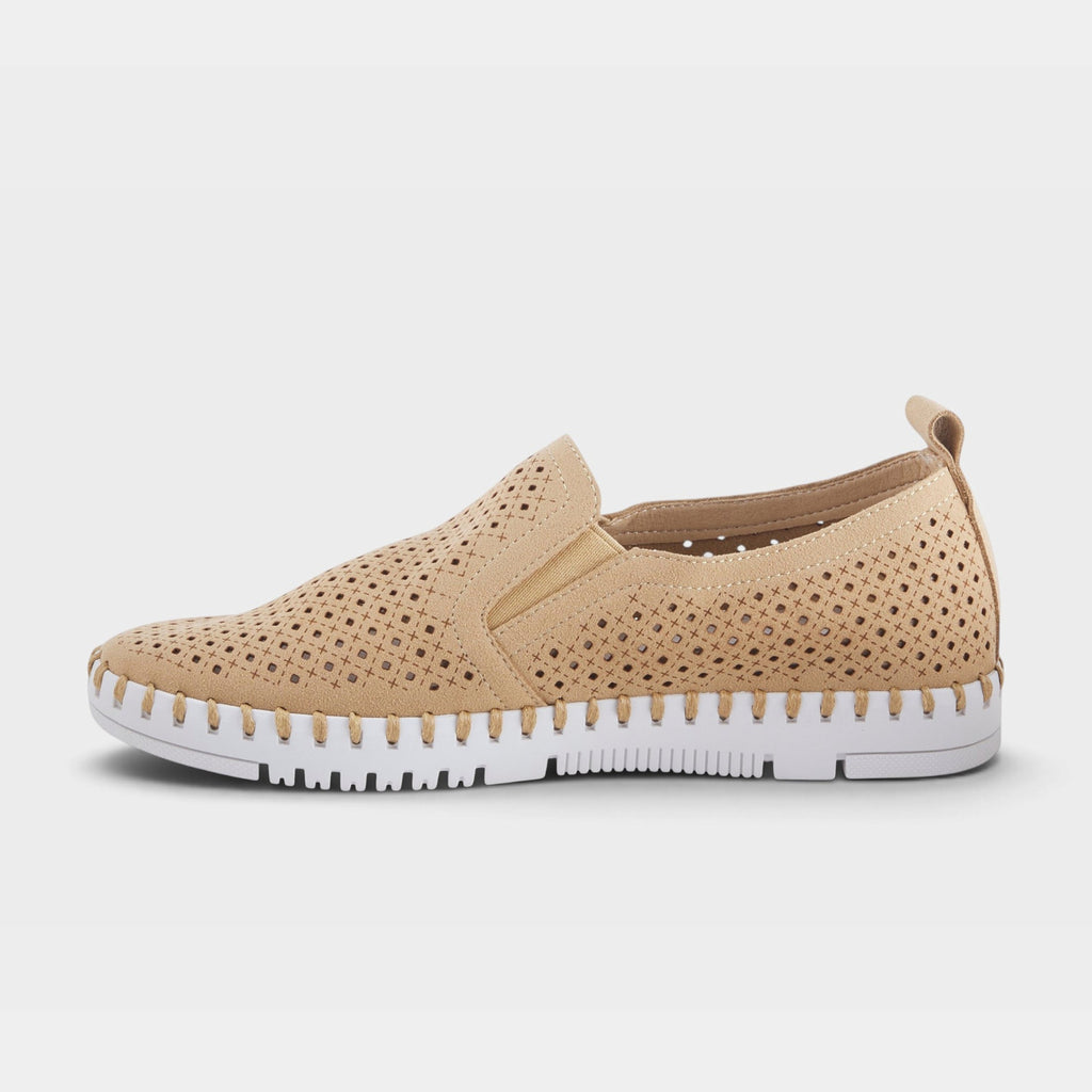 Women's slip-on sneaker with perforated upper, elastic side gussets, and white sole