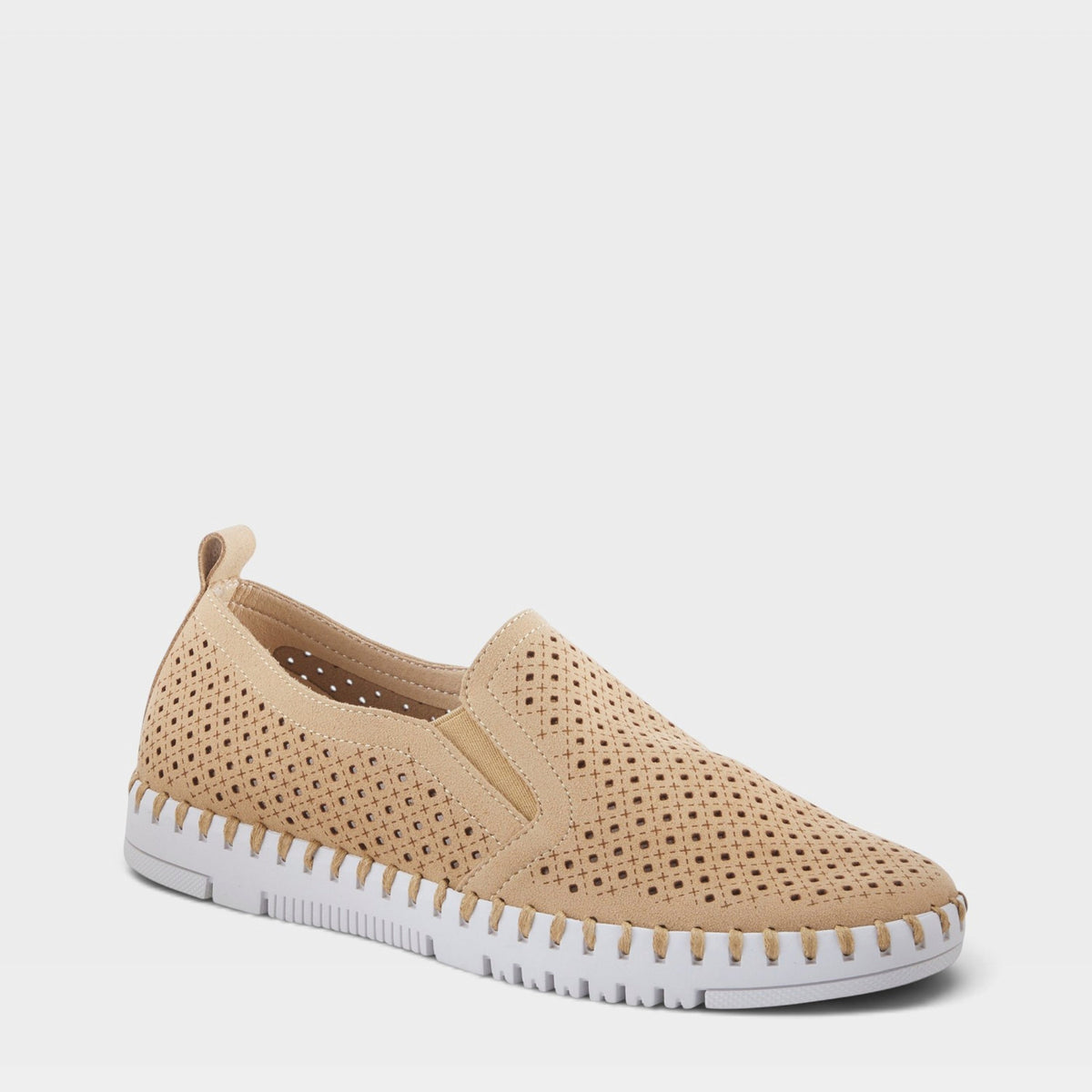 Women's slip-on sneaker with perforated diamond pattern upper and white rubber sole
