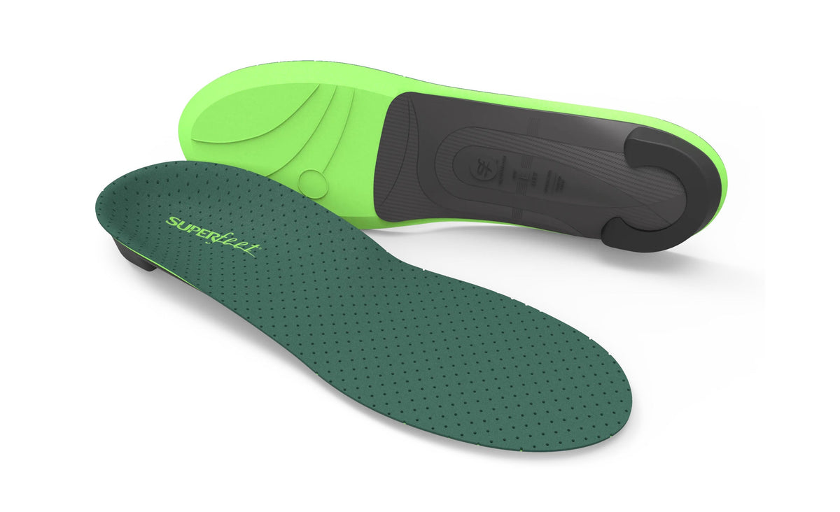 Superfeet Green insoles shown from top and bottom angles on white background