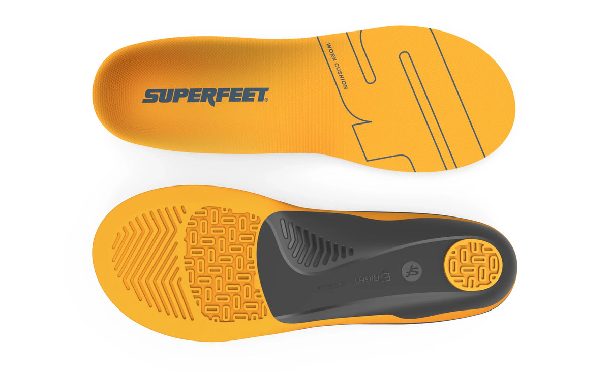 Superfeet Work Cushion insoles shown from top and bottom on white background