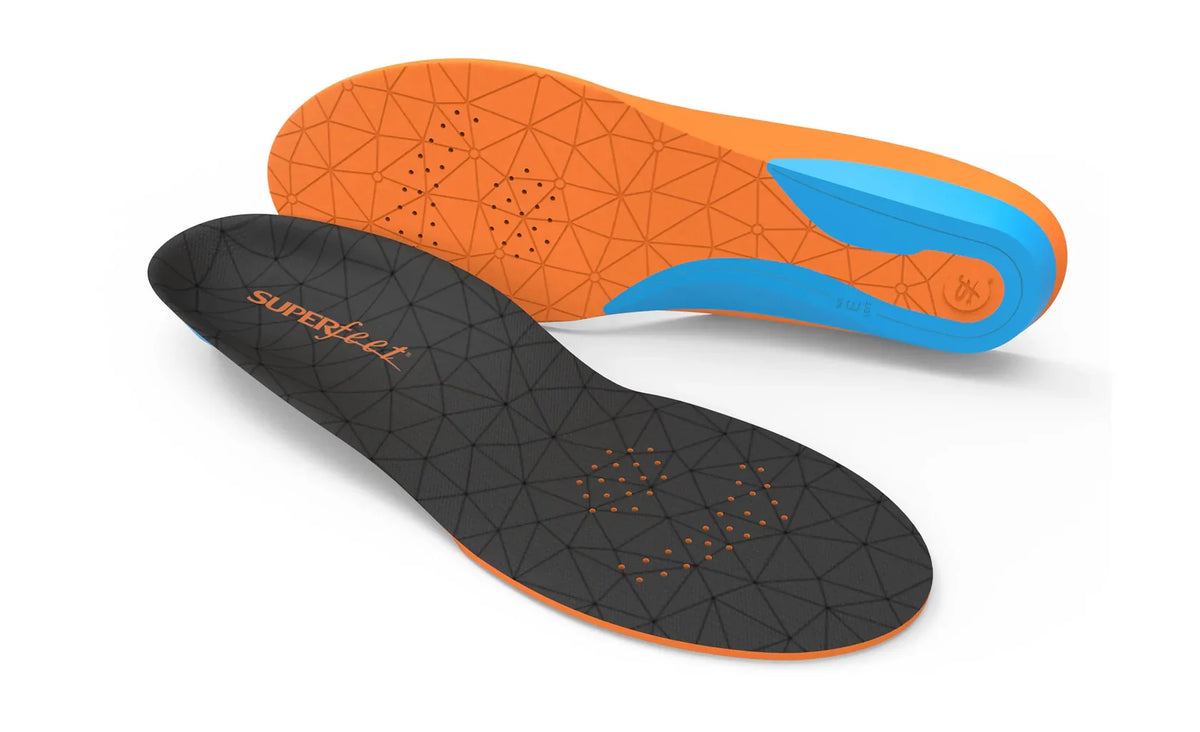 Superfeet AP Cushion insoles shown from top and bottom angles on white background