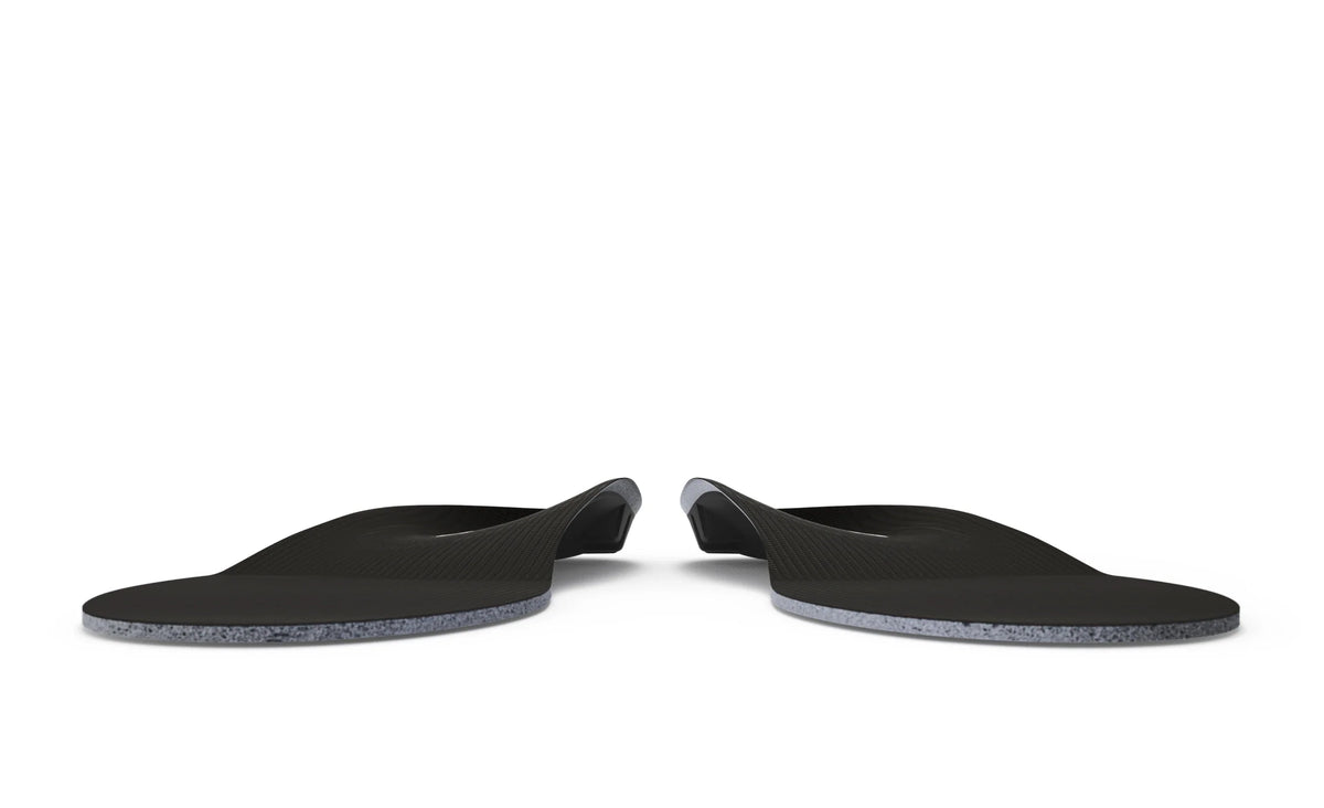 Pair of black orthotic insoles shown side by side on white background, arch support visible