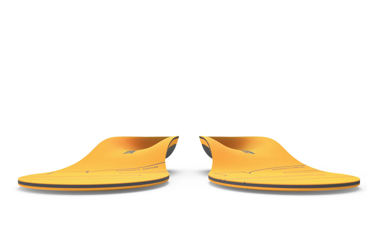 Pair of Superfeet Work Cushion insoles shown side by side from a front profile view