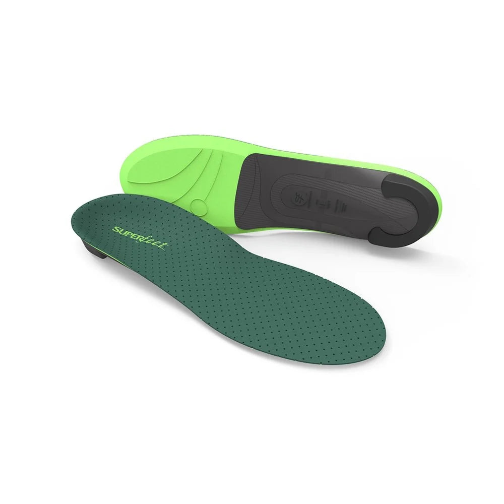 Superfeet green insoles shown from top and bottom angles on white background