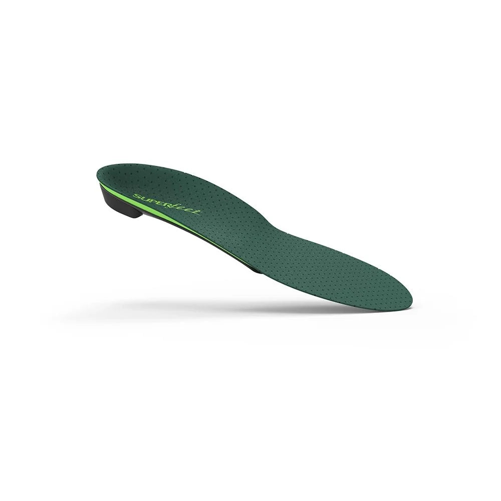 Superfeet green insole with arch support and perforated top layer, angled side view