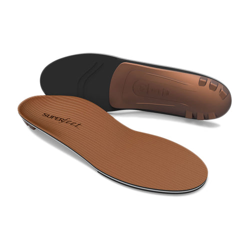 Superfeet copper-toned memory foam insoles shown from top and bottom angles