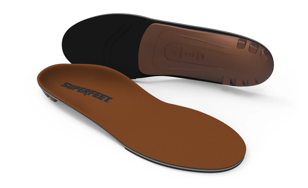 Superfeet AP Memory Foam insoles shown from top and bottom on white background
