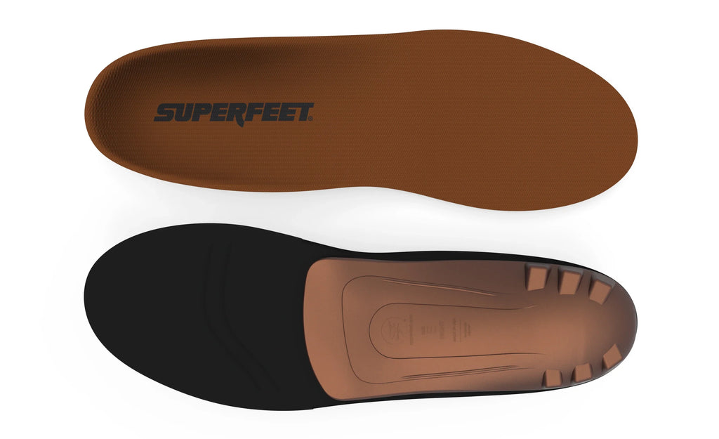 Superfeet AP Memory Foam insoles shown from top and bottom angles on white background