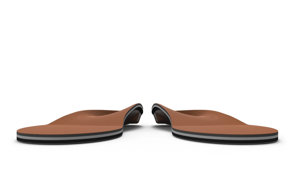Pair of Superfeet AP Memory Foam insoles shown from the front on white background