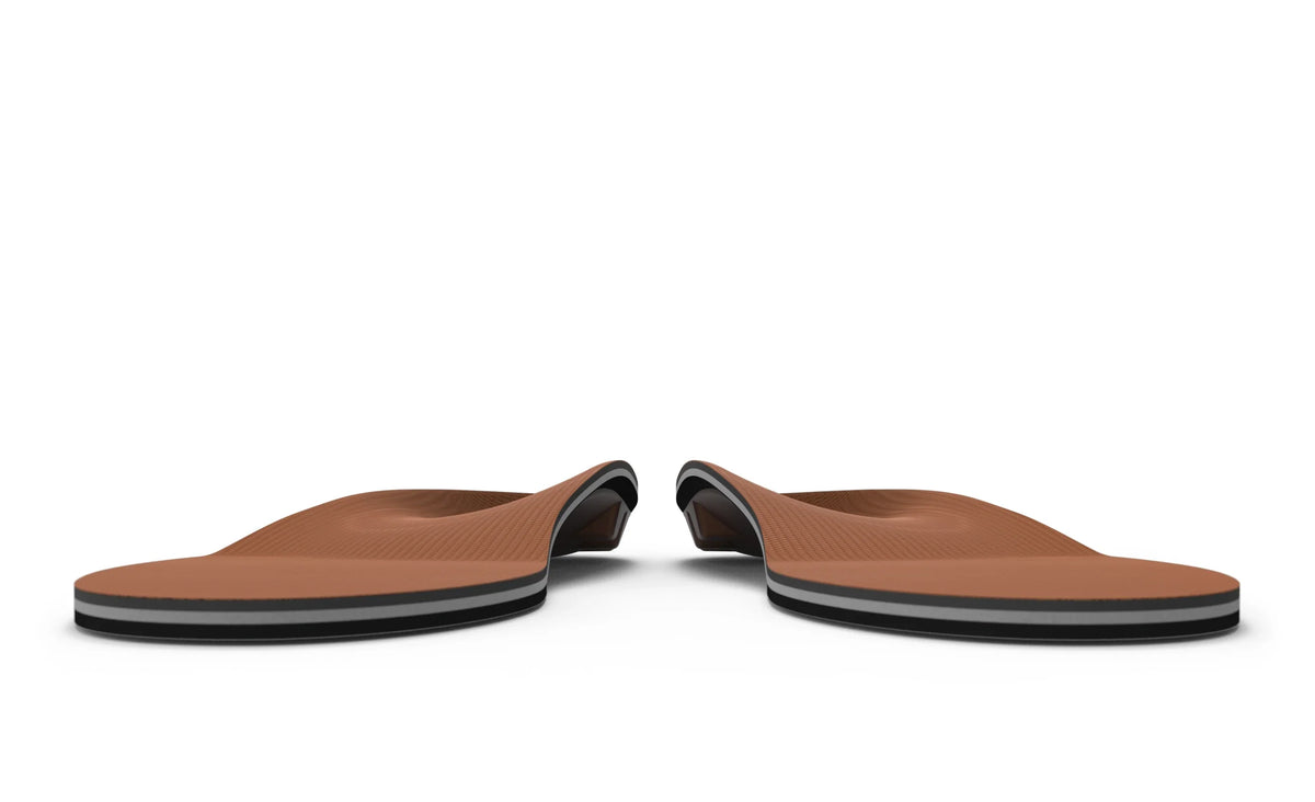 Pair of Superfeet AP Memory Foam insoles shown from the front on white background