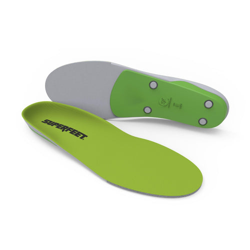 Superfeet green insoles shown from top and bottom angles on white background