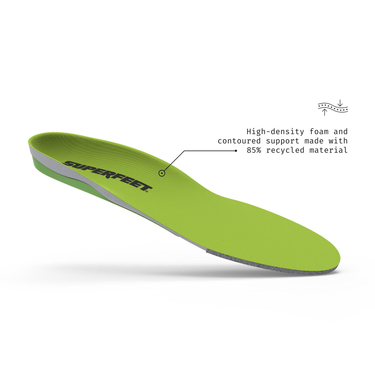 Superfeet green insole shown at an angle with recycled foam material callout annotation