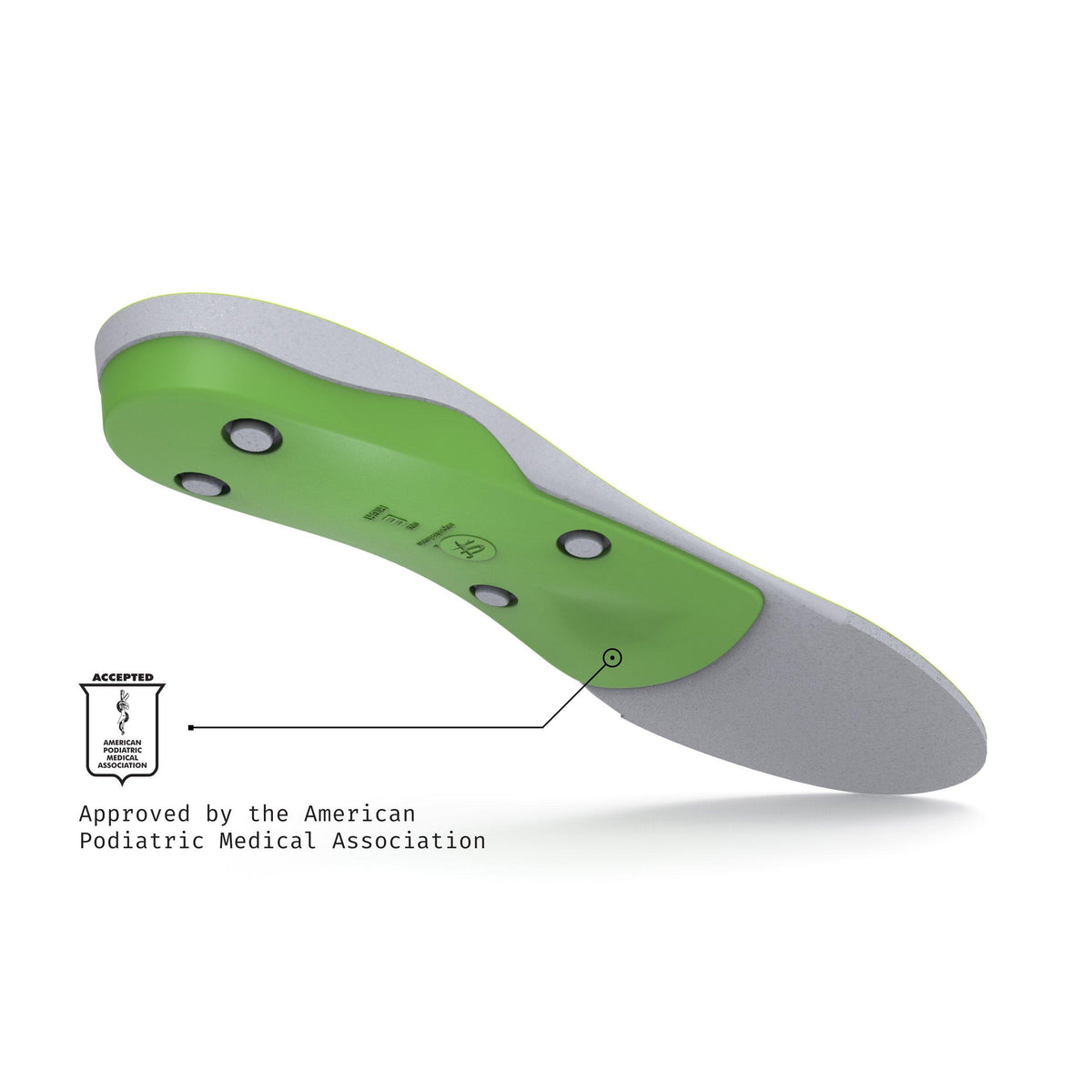 Superfeet green shoe insole shown from below with APMA acceptance seal annotation