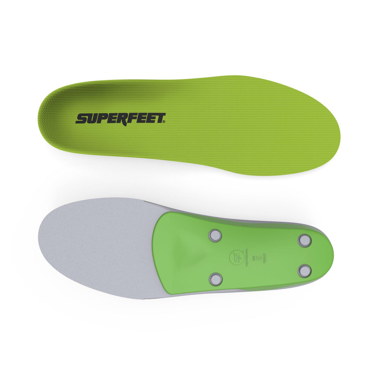 Superfeet green insoles shown from top and bottom angles on white background
