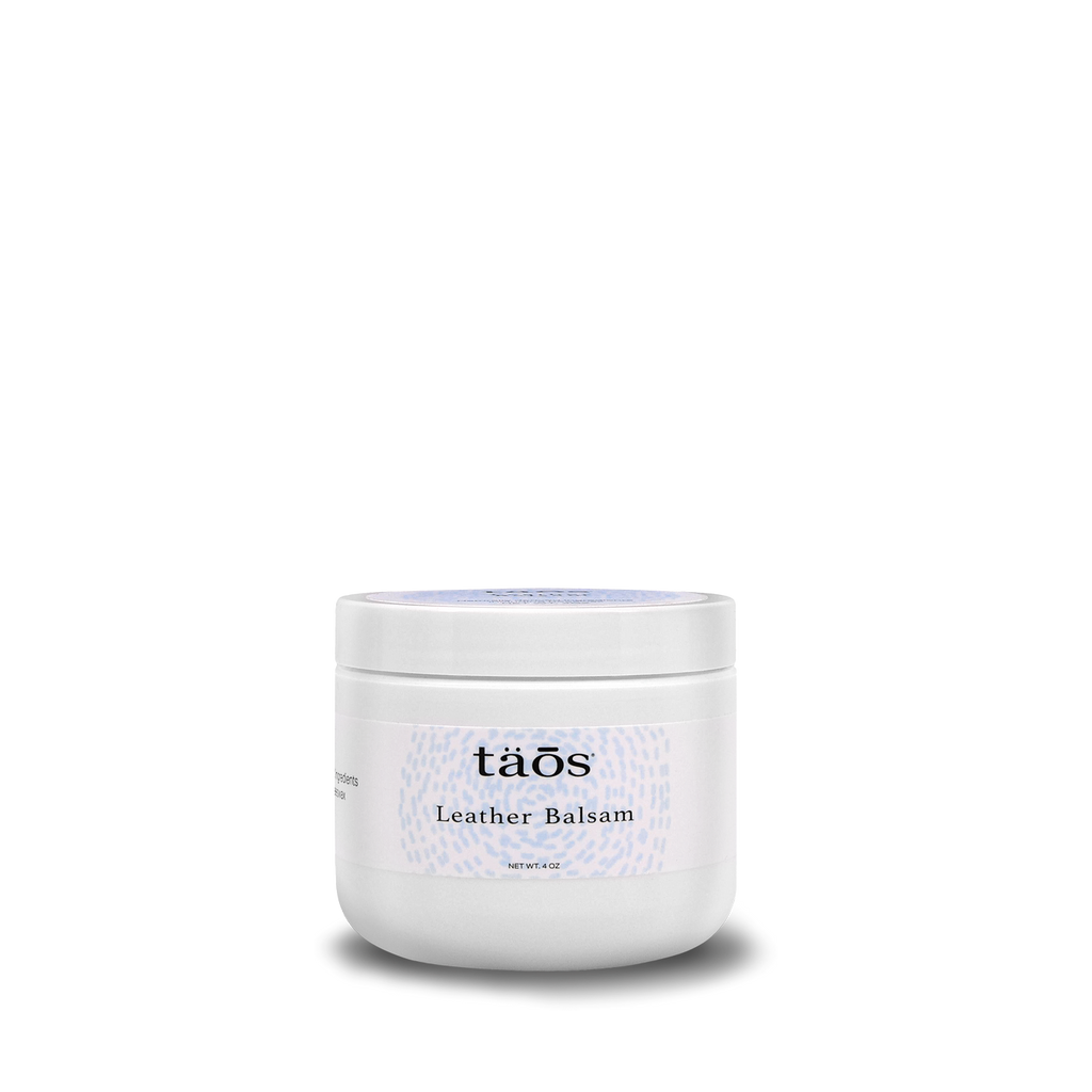 Taos Leather Balsam in a white 4-ounce jar with lavender label