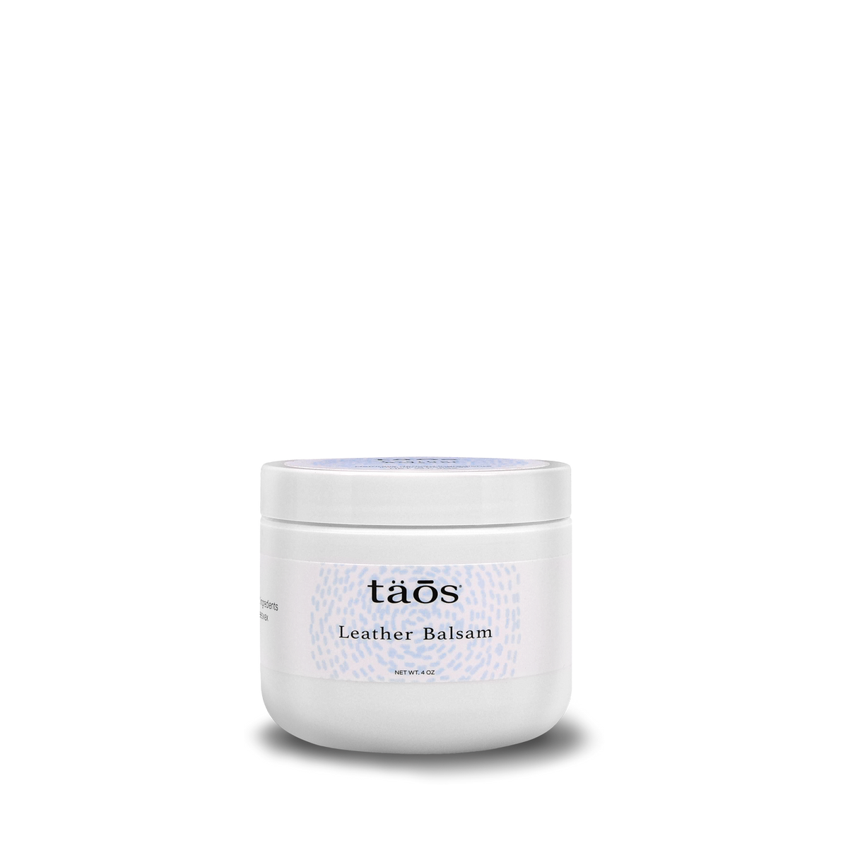 Taos Leather Balsam in a white 4-ounce jar with lavender label