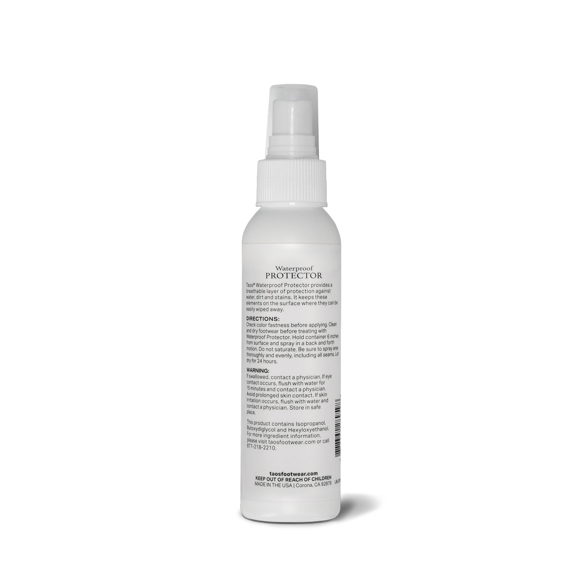 Back label view of Taos Waterproof Protector spray bottle with directions and warnings