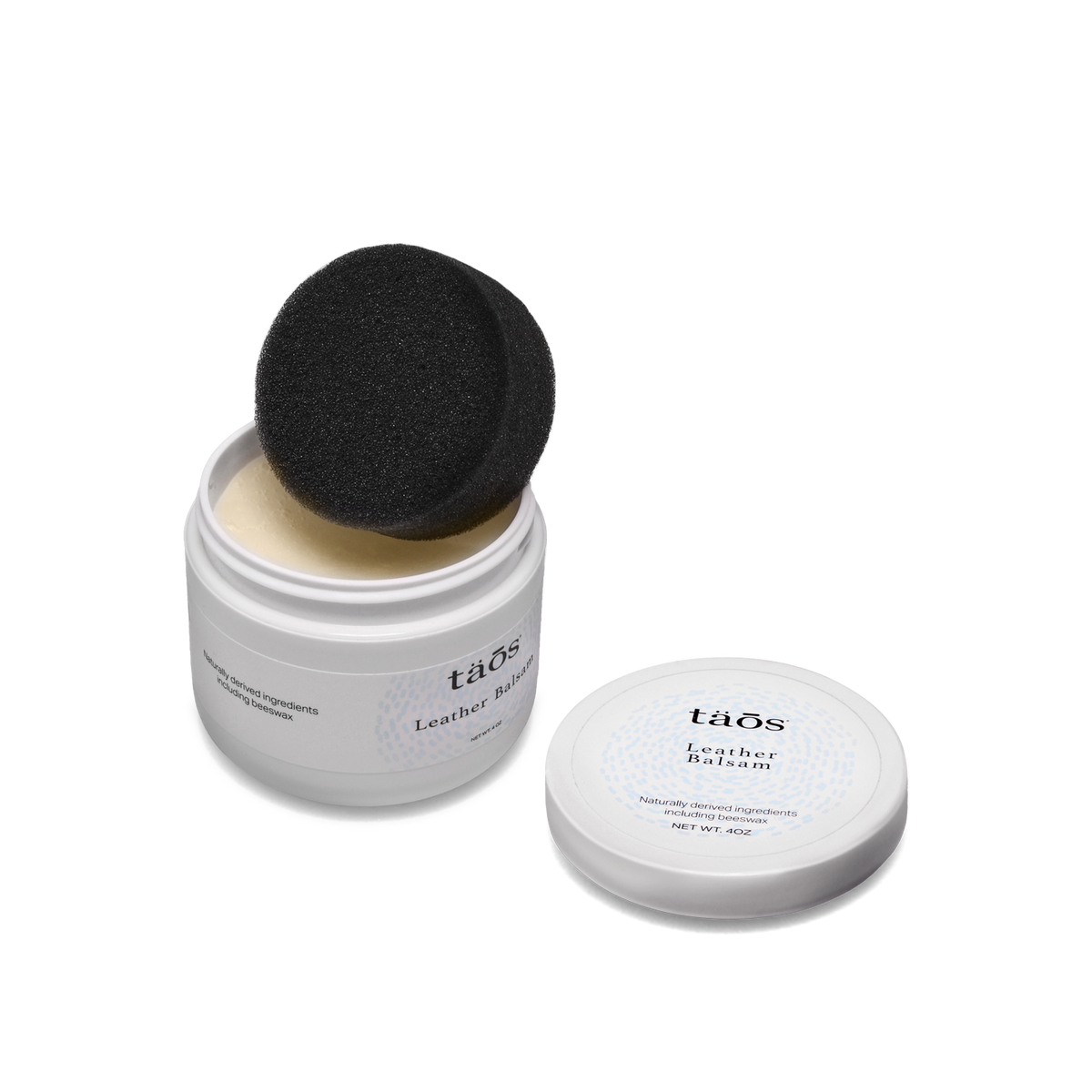 Taos Leather Balsam open jar with black foam applicator sponge and lid beside it