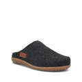 Taos Woolness felt clog slipper with cork sole and leather brand label, angled side view
