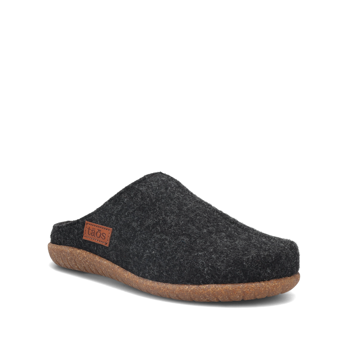 Taos Woolness felt clog slipper with cork sole and leather brand label, angled side view