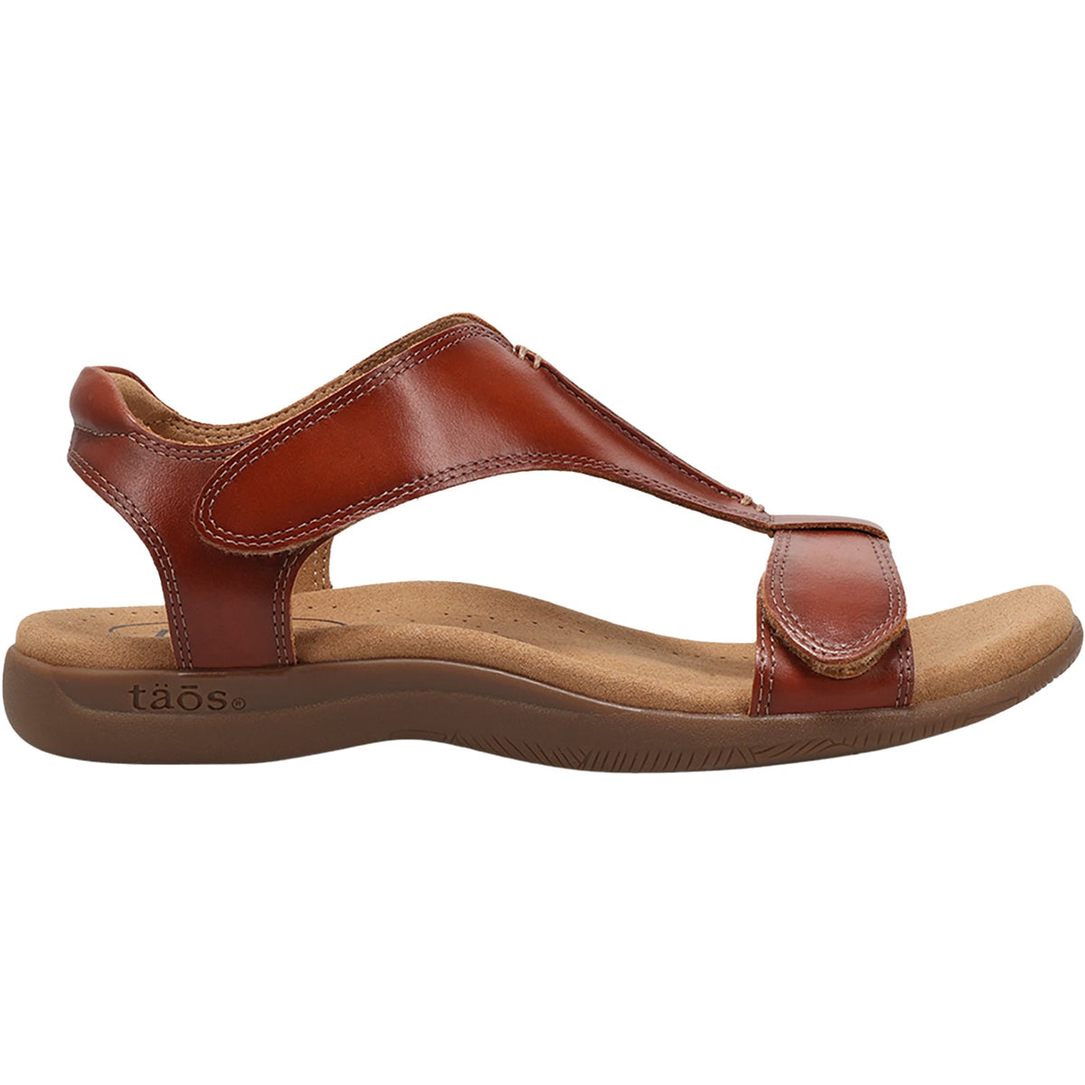Taos women's leather T-strap sandal with velcro closure and cushioned footbed, side view