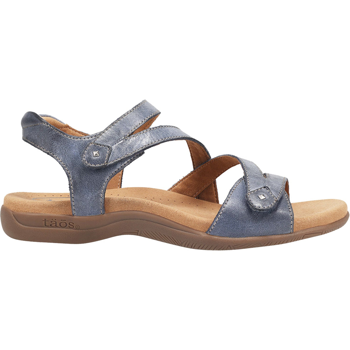 Taos women's adjustable strap sandal with metallic blue leather uppers and tan footbed
