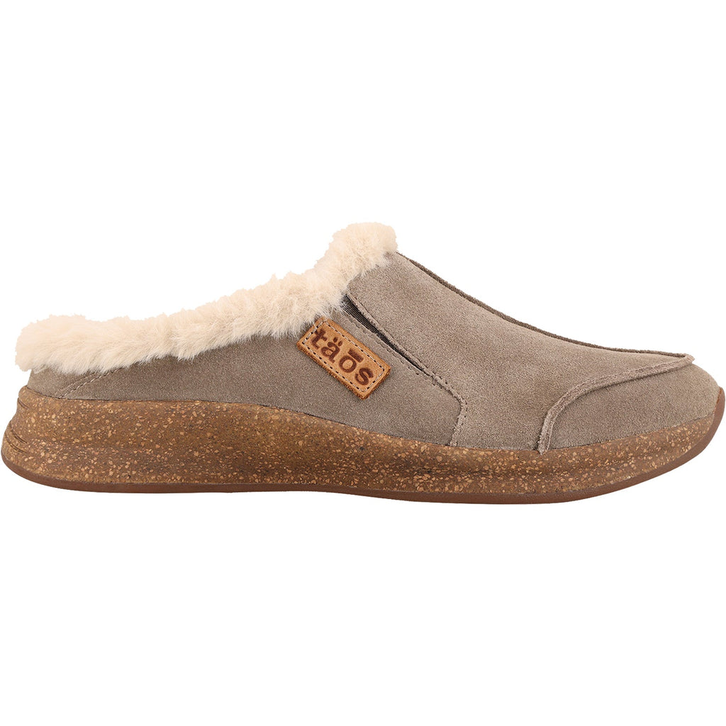 Taos suede slip-on clog slipper with sherpa fur lining and cork midsole, side view