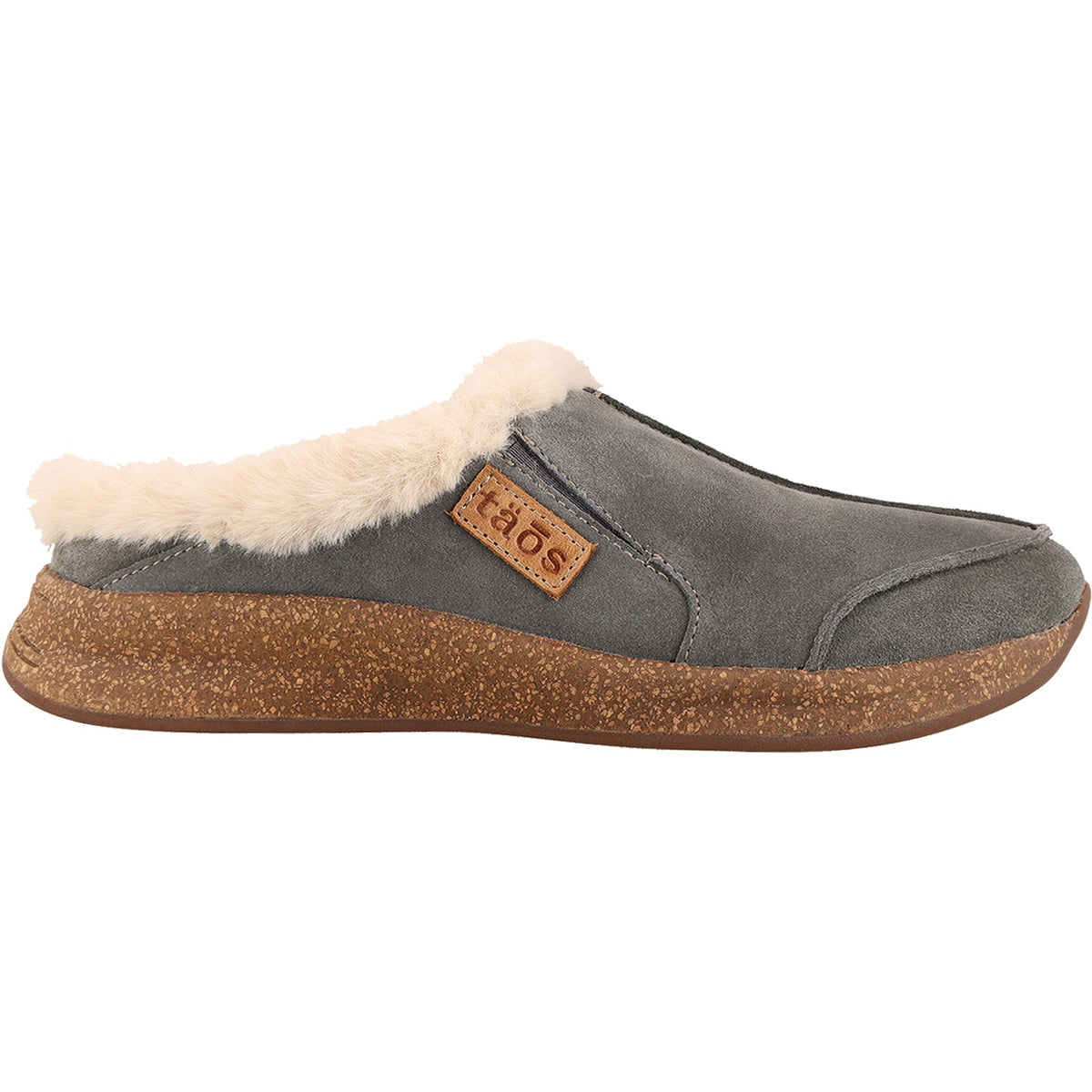 Taos women's suede slip-on clog slipper with faux fur lining and cork sole