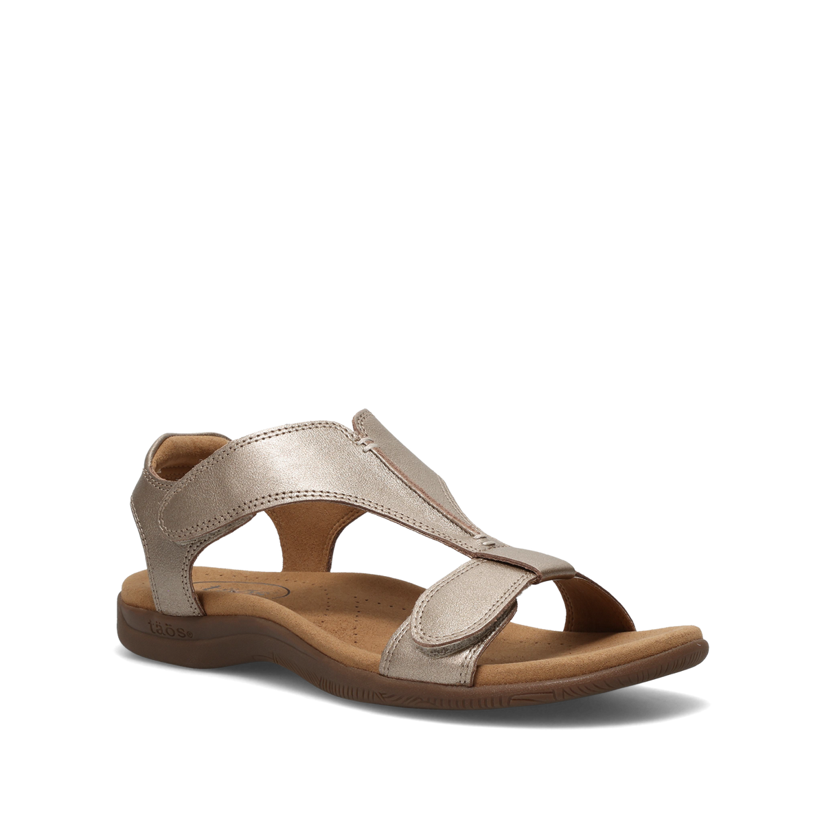 Taos womens metallic sandal with cross-strap design and cushioned footbed on white background