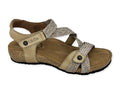 Taos women's strappy sandal with braided elastic straps, cork footbed, and slingback closure