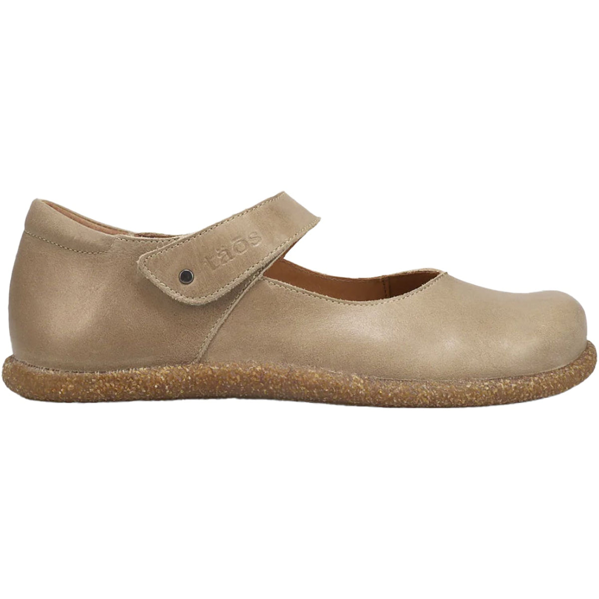 Taos womens leather Mary Jane flat with velcro ankle strap and cork sole, side view