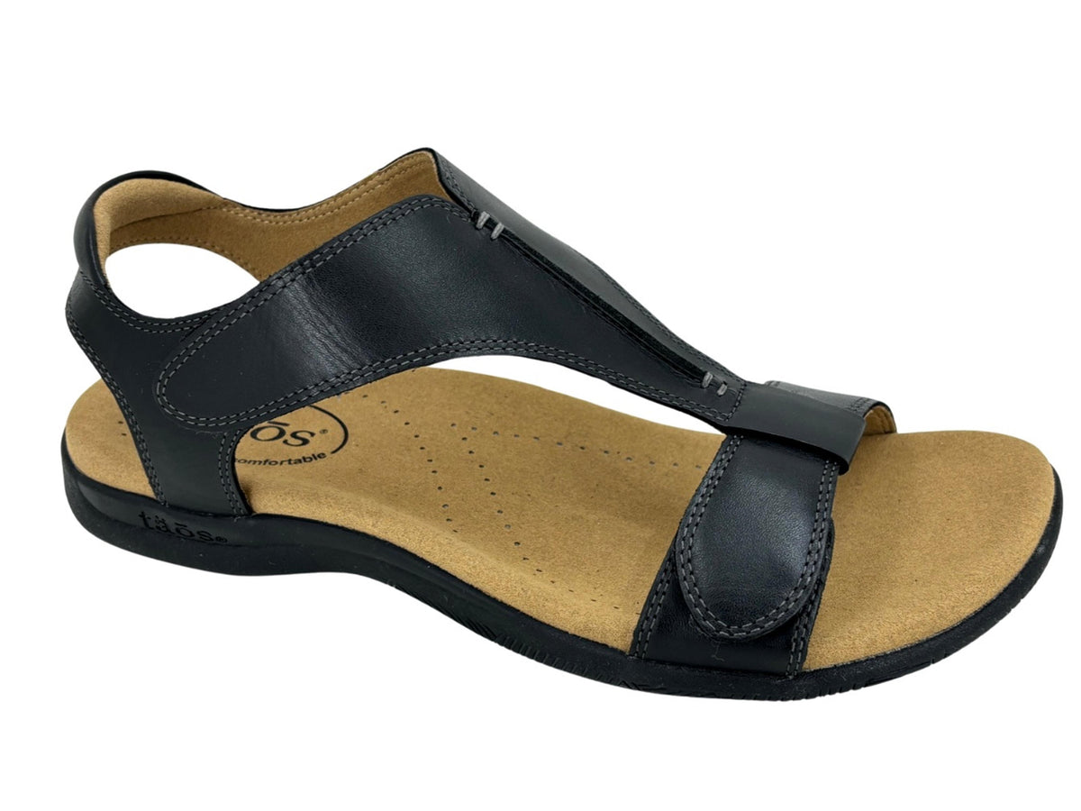 Taos black leather T-strap sandal with velcro closure and contoured cork footbed