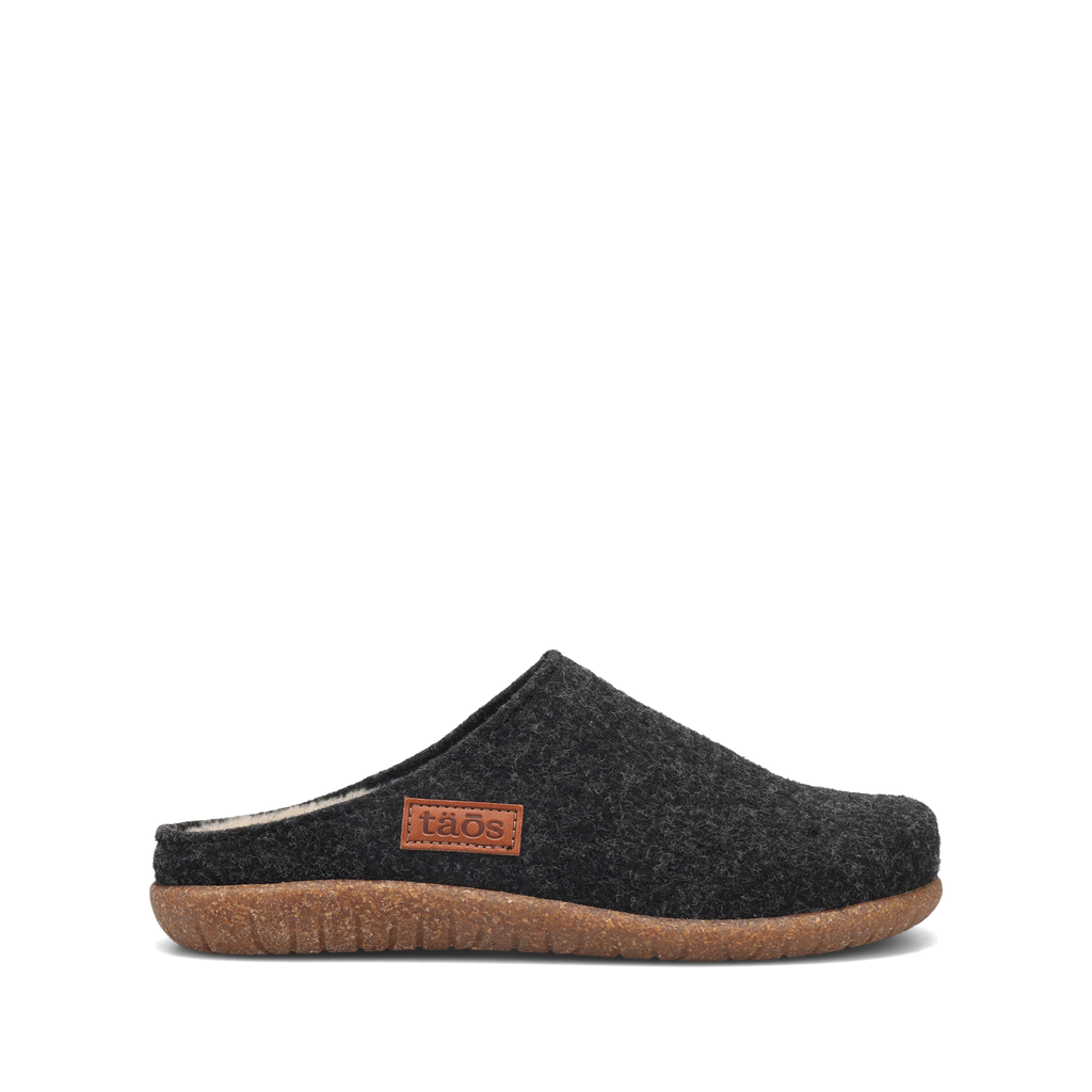 Taos Woolness felted wool clog slipper with tan leather logo patch and gum rubber sole
