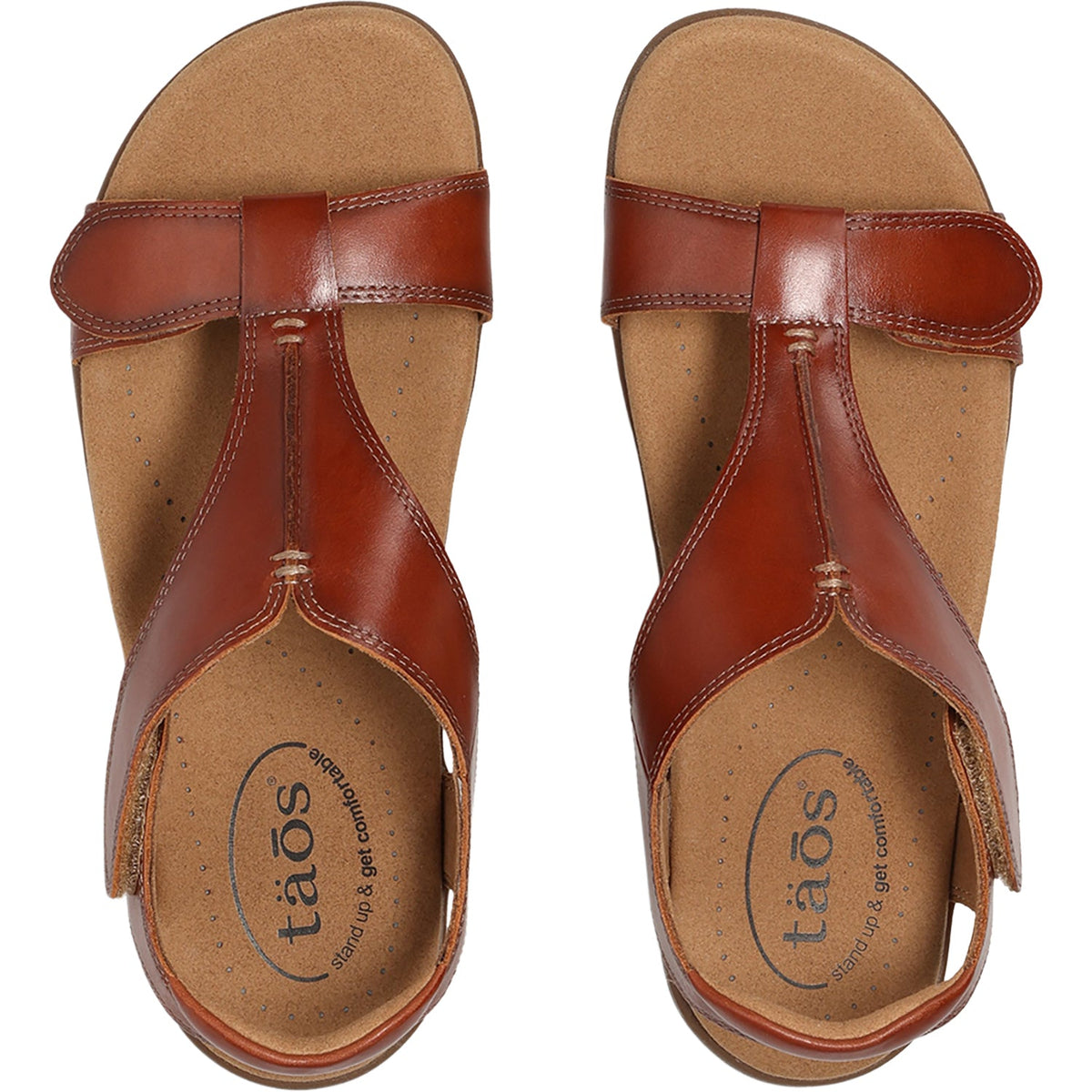 Taos women's leather sandals with T-strap design and adjustable ankle strap, top view