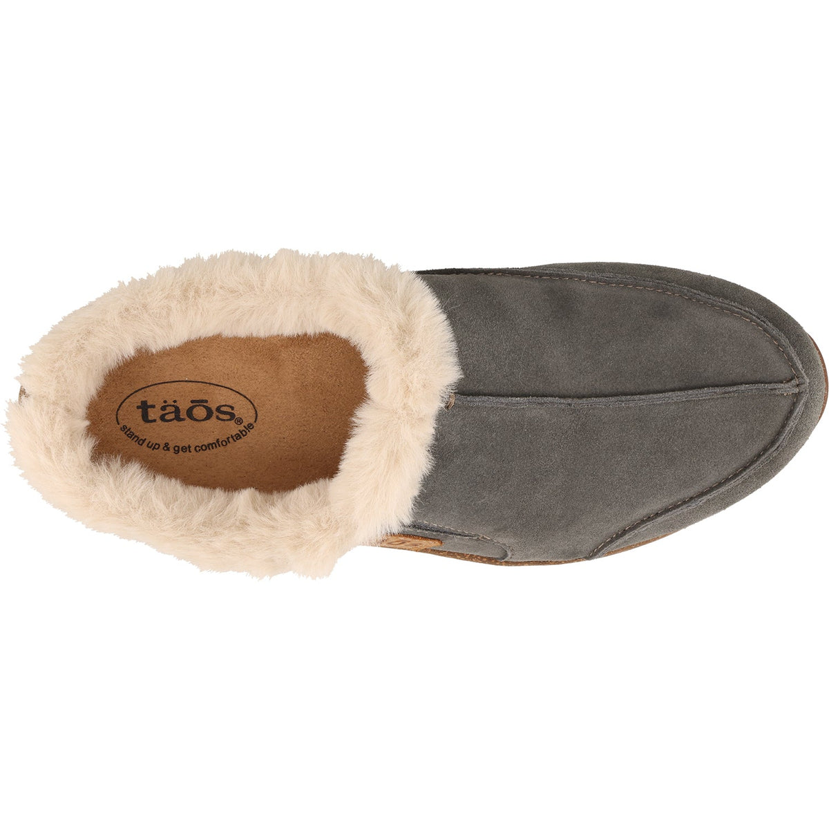 Top-down view of Taos suede clog slipper with cream faux fur lining and insole