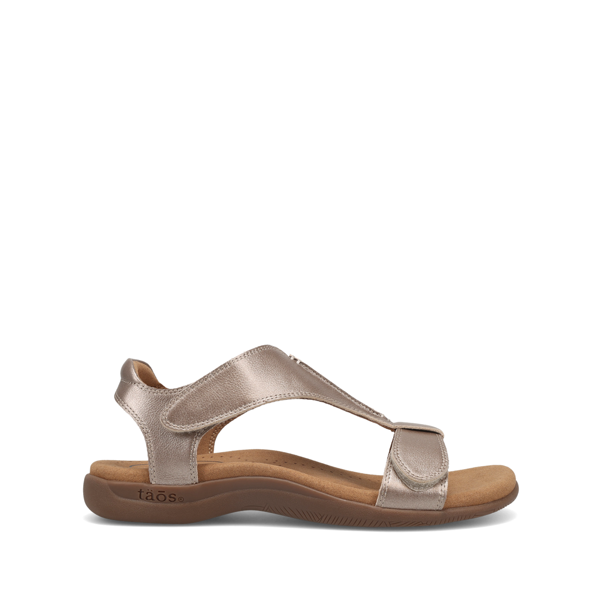 Taos women's sandal with metallic straps, velcro closures, and cushioned footbed, side view