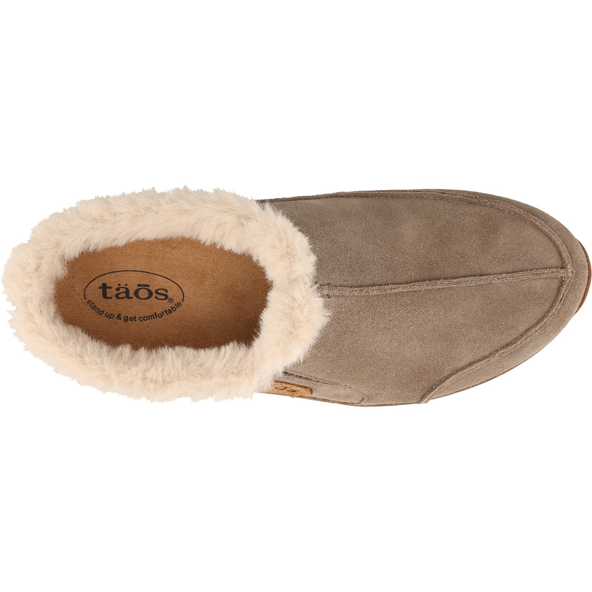 Top-down view of Taos fur-lined suede slipper showing cozy interior and branded insole