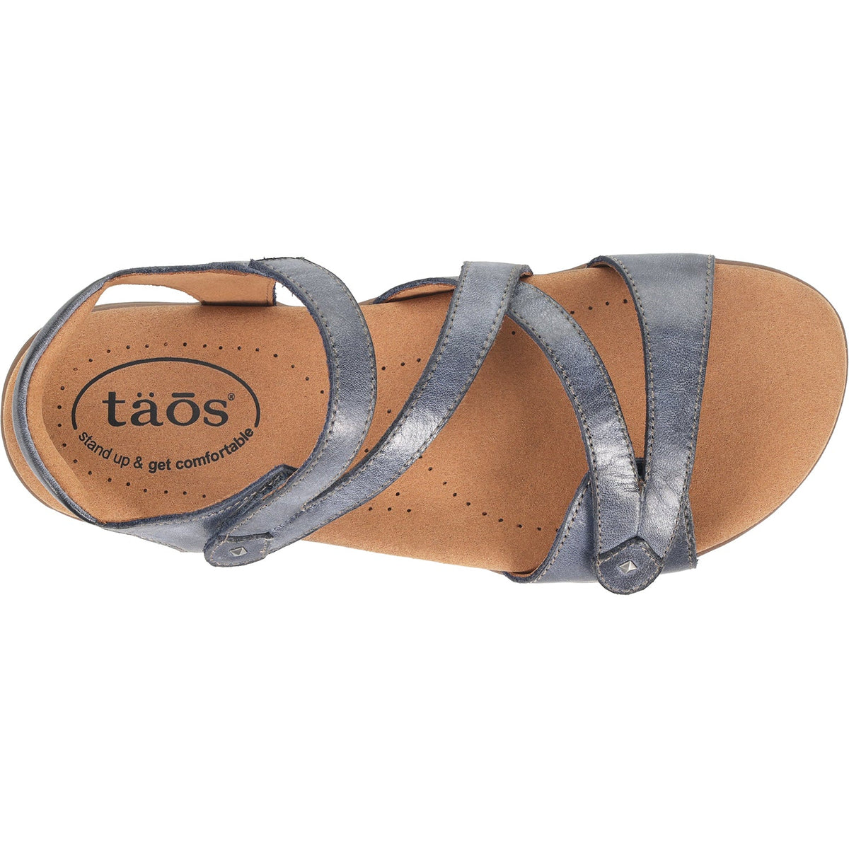 Top-down view of Taos women's strappy sandal with crossover leather upper and cushioned footbed