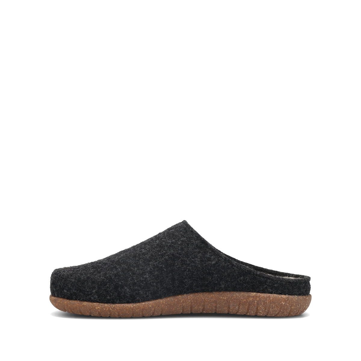 Taos Woolness women's felt clog slipper with rubber sole, side profile view